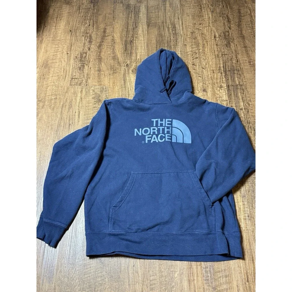 North Face Hoodie Mens Medium Blue Spell Out Fleece Hooded Pullover Sweatshirt